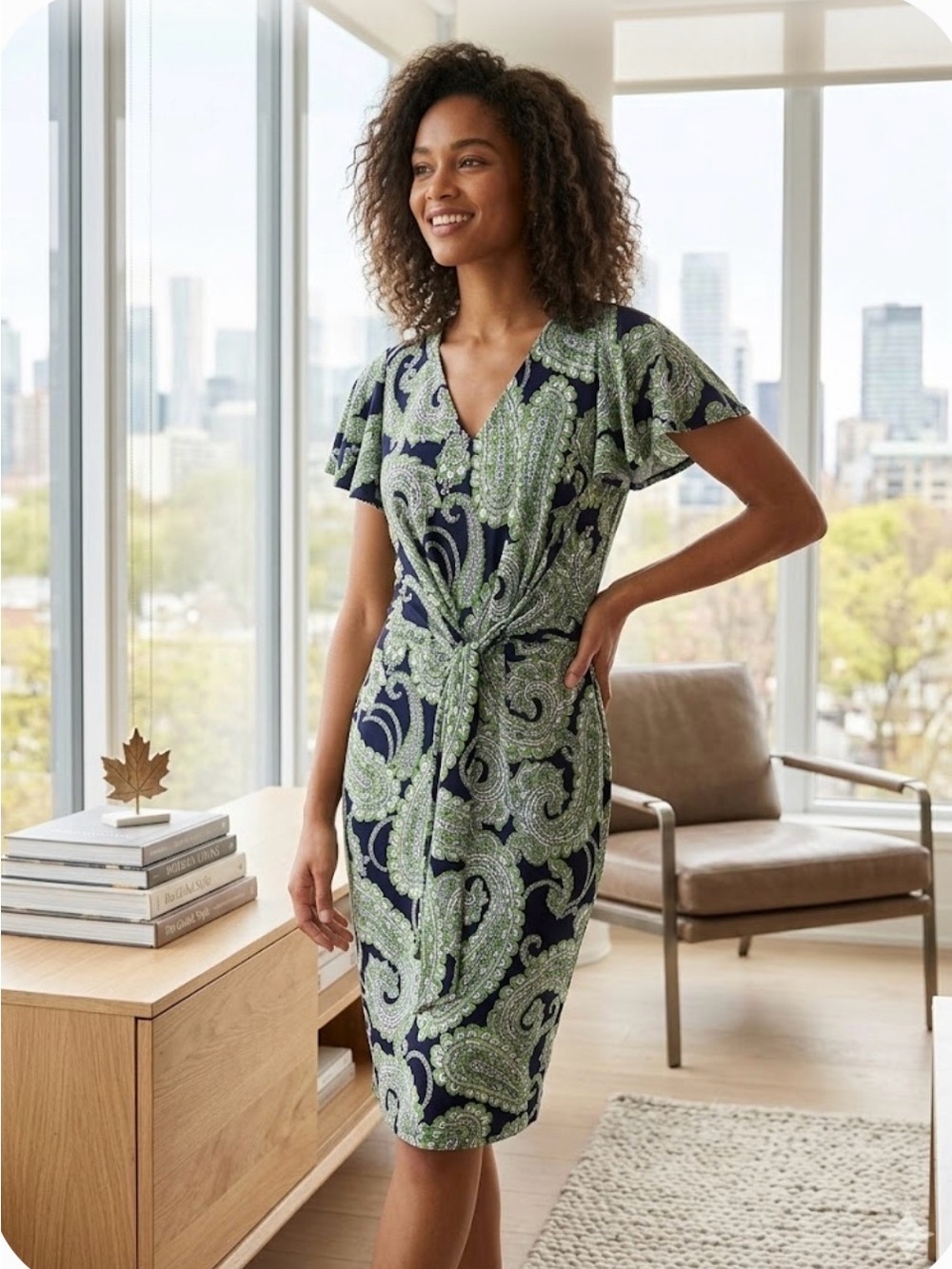 Tommy Hilfiger Navy and Green Paisley Tie-Waist Midi Dress